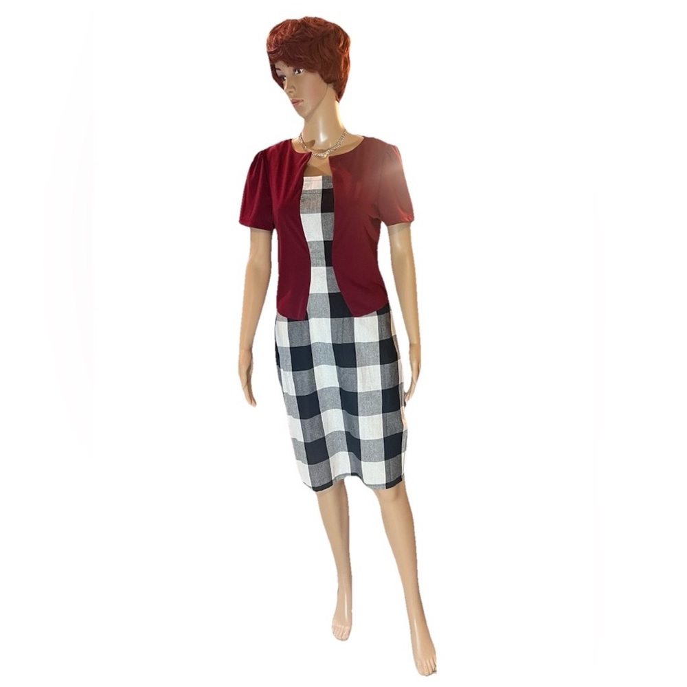 Red Cardigan, Black and White Checkered Dress XL